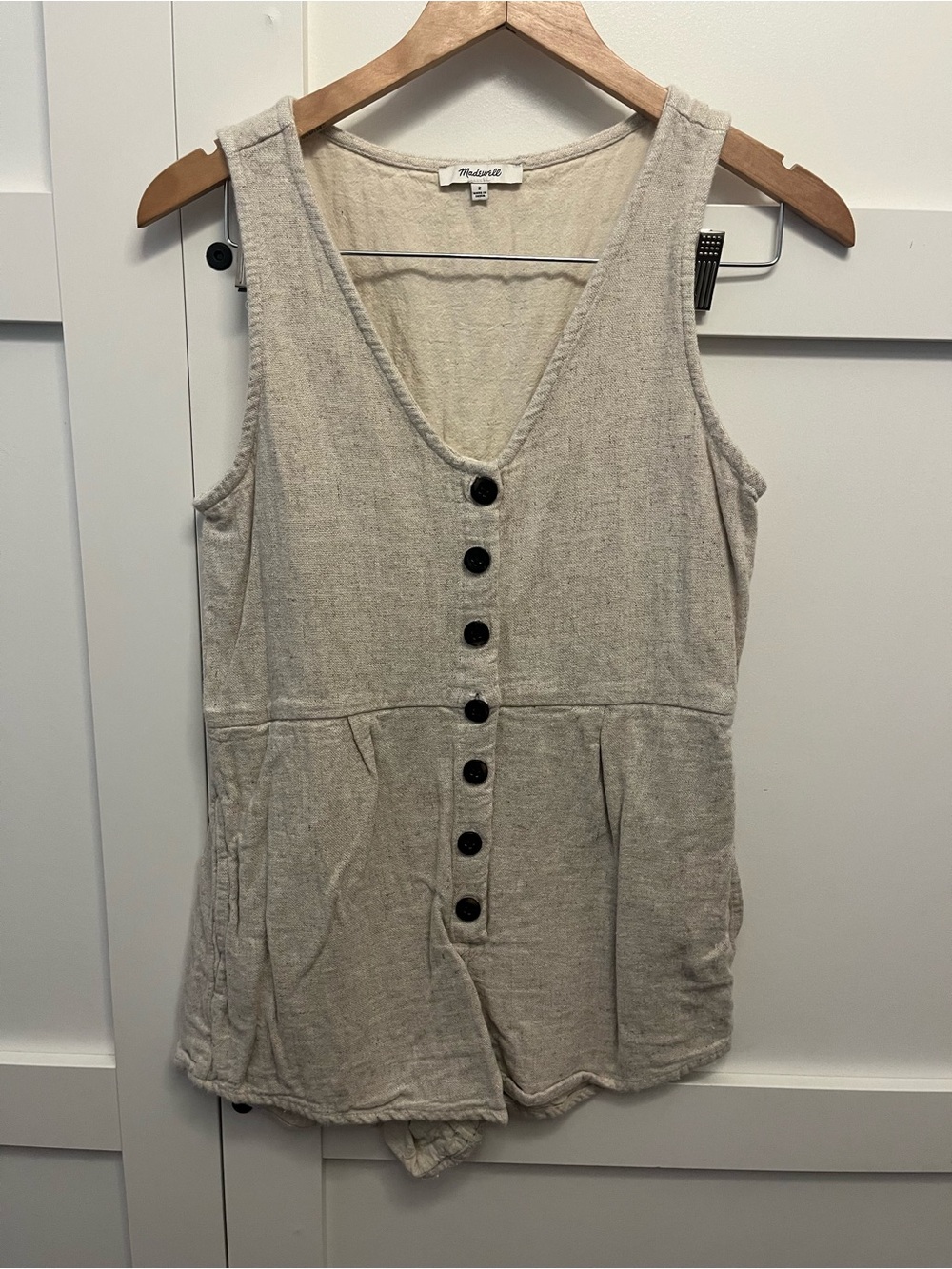 Madewell Cream Button-Front Linen Blend Romper